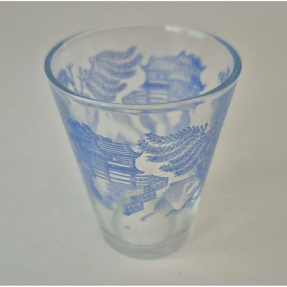 Federal Glass VTG Set of 5 Asian Pagoda Blue Willow Landscape MCM Shot Glasses
